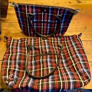 Red and Black Plaid Travel Tote Set with Faux Leather Handles